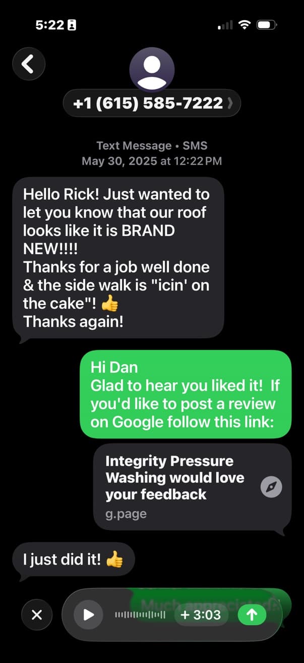 Customer text message saying their roof looks brand new and thanking Integrity Pressure Washing for a job well done